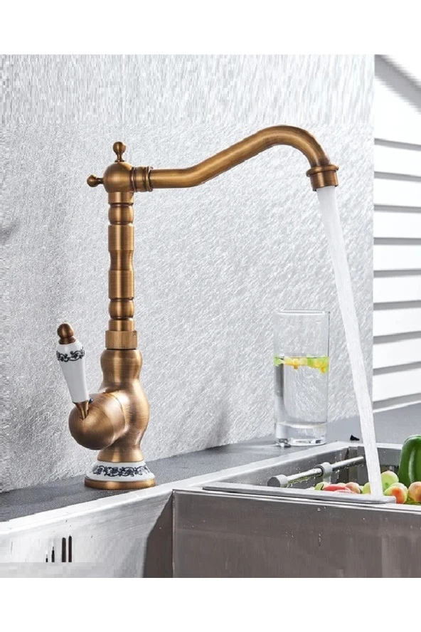 Rustik Antik Evye Bataryası Mutfak Musluğu Eskitme Bakır Osmanlı Lavabo Çanak Armatür Otantik Bakır - 1