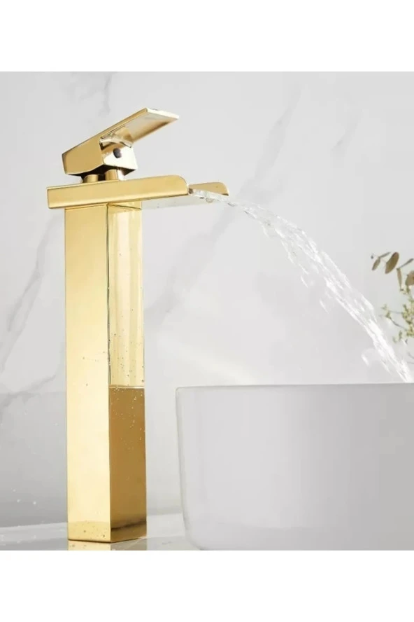 Mat Gold Köşeli Gövde Çanak Lavabo Bataryası Havza Model Uzun Altın Lavabo Musluğu Çift Girişli Armatür - 3
