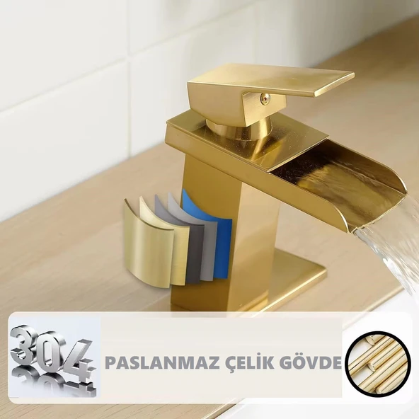 Mat Gold Lavabo Bataryası Yeni Havza Model Yüksek Kalite Altın Lavabo Musluğu Çift Girişli Armatür - 4
