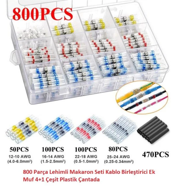 800 Parça Lehimli Makaron Seti Kablo Birleştirici Ek Muf 4+1 Çeşit Plastik Çantada