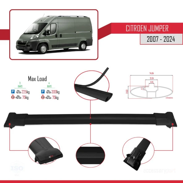 Citroen Jumper 2007 ve Sonrası ile uyumlu FLY Model Ara Atkı Tavan Barı SİYAH 3 ADET BAR - 4