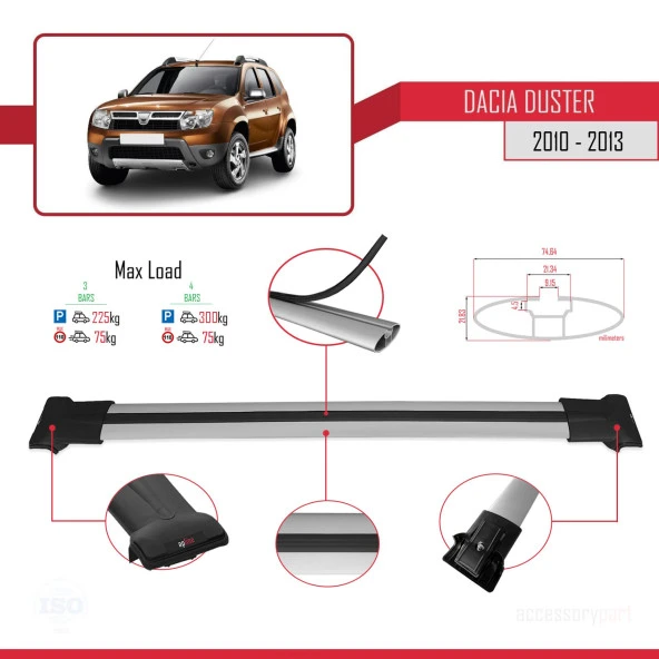 Dacia Duster 2010-2013 Arası ile Uyumlu FLY Model Ara Atkı Tavan Barı GRİ 3 ADET BAR - Resim 4