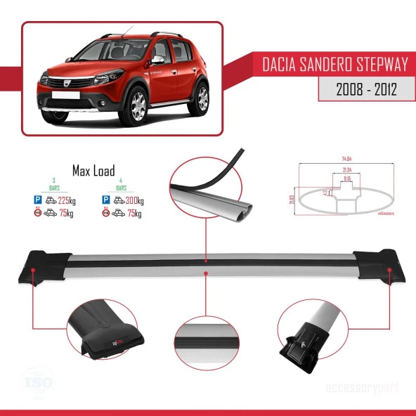 Dacia Sandero STEPWAY 2008-2012 Arası ile Uyumlu FLY Model Ara Atkı Tavan Barı GRİ 3 ADET BAR - 4