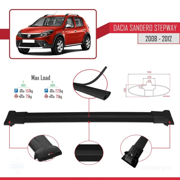 Dacia Sandero STEPWAY 2008-2012 Arası ile uyumlu FLY Model Ara Atkı Tavan Barı SİYAH - Resim 4