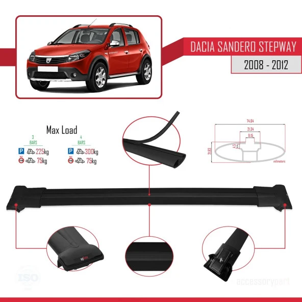 Dacia Sandero STEPWAY 2008-2012 Arası ile Uyumlu FLY Model Ara Atkı Tavan Barı SİYAH 3 ADET BAR - Resim 4