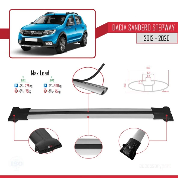 Dacia Sandero STEPWAY 2012-2020 Arası ile Uyumlu FLY Model Ara Atkı Tavan Barı GRİ 3 ADET BAR - Resim 4