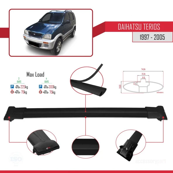 Daihatsu Terios 1997-2005 Arası ile Uyumlu FLY Model Ara Atkı Tavan Barı SİYAH 3 ADET BAR - Resim 4