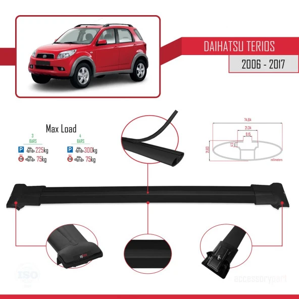 Daihatsu Terios 2006-2017 Arası ile Uyumlu FLY Model Ara Atkı Tavan Barı SİYAH 3 ADET BAR - Resim 2