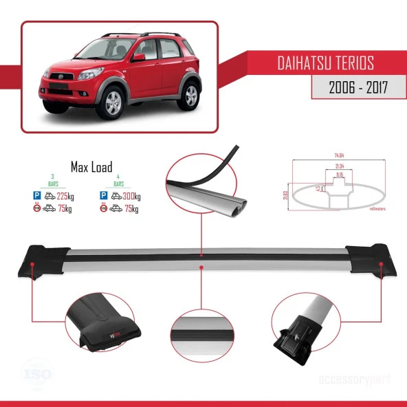 Daihatsu Terios 2006-2017 Arası ile Uyumlu FLY Model Ara Atkı Tavan Barı GRİ 3 ADET BAR - Resim 4