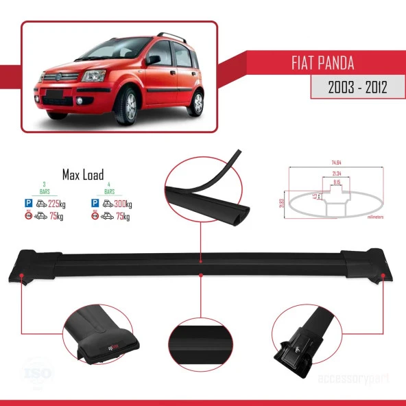 Fiat Panda 2003-2012 Arası ile Uyumlu FLY Model Ara Atkı Tavan Barı SİYAH 3 ADET BAR - Resim 4