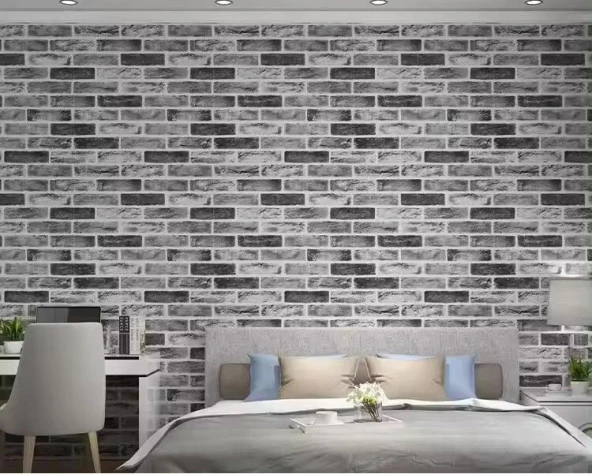 70x70cm 1 Adet Yapışkanlı Dekoratif Tuğla Desen Gri TV Arkası Salon Ofis Duvar Kağıdı Paneli NW169