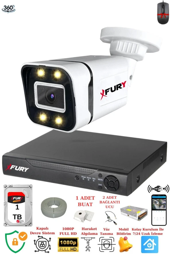 FURY 1 Kameralı Full Hd Gece Renkli - Su Geçirmez Ultra Led Güvenlik Kamerası Seti 1TB ürün görseli