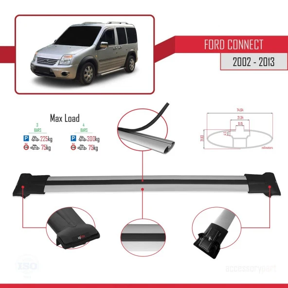 Ford Connect 2002-2013 Arası ile uyumlu FLY Model Ara Atkı Tavan Barı GRİ 4 ADET BAR - Resim 2