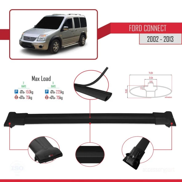 Ford Connect 2002-2013 Arası ile uyumlu FLY Model Ara Atkı Tavan Barı SİYAH - Resim 4