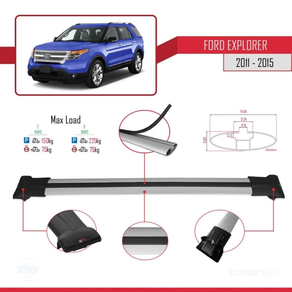 Ford Explorer 2011-2015 Arası ile uyumlu FLY Model Ara Atkı Tavan Barı GRİ - Resim 4