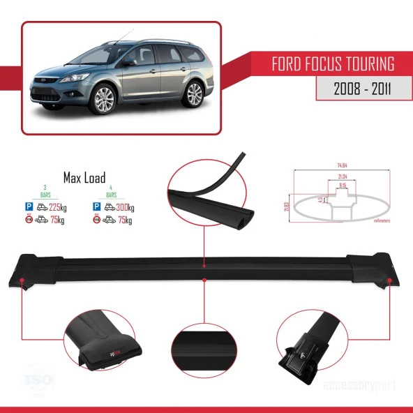 Ford Focus TOURING 2008-2011 Arası ile Uyumlu FLY Model Ara Atkı Tavan Barı SİYAH 3 ADET BAR - Resim 4
