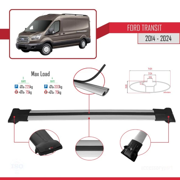 Ford Transit 2014 ve Sonrası ile uyumlu FLY Model Ara Atkı Tavan Barı GRİ 4 ADET BAR - Resim 4