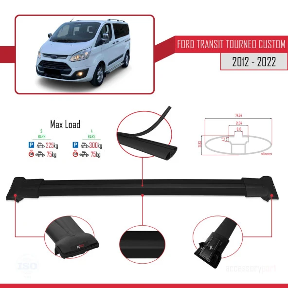 Ford Transit Tourneo - Custom 2012-2023 Arası ile uyumlu FLY Model Ara Atkı Tavan Barı SİYAH 4 ADET BAR - Resim 4