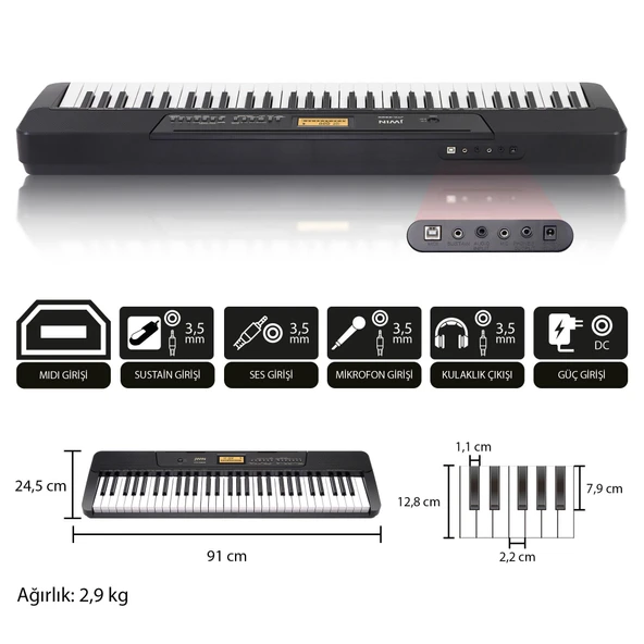 Jwin JTK-3600 61 Tuş Hassasiyetli 5 Oktav Org - Siyah - 2