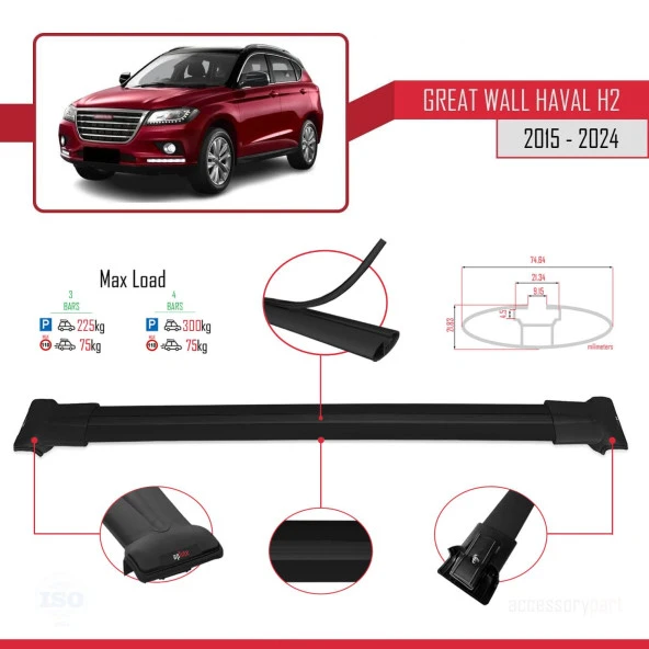 Great Wall Haval H2 2015 ve Sonrası ile Uyumlu FLY Model Ara Atkı Tavan Barı SİYAH 3 ADET BAR - Resim 4