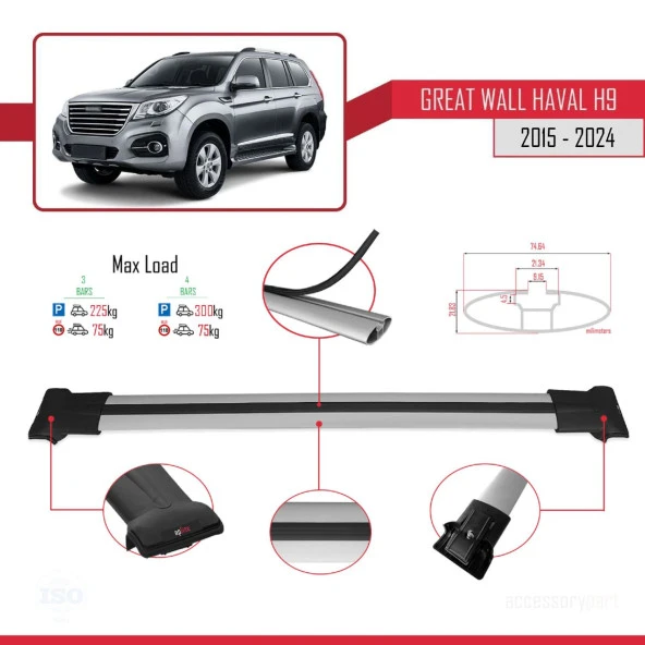 Great Wall Haval H9 2015 ve Sonrası ile Uyumlu FLY Model Ara Atkı Tavan Barı GRİ 3 ADET BAR - Resim 4