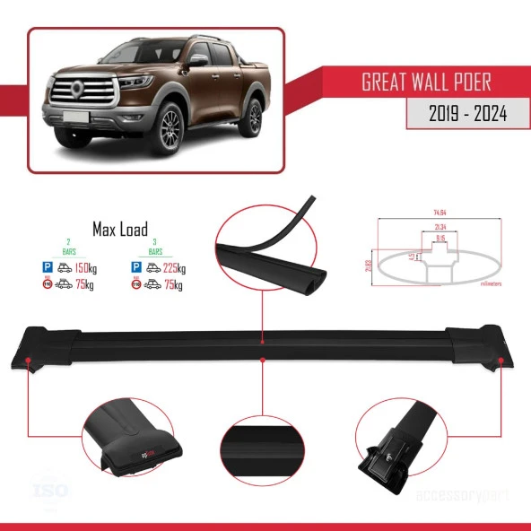 Great Wall Poer 2019 ve Sonrası ile Uyumlu FLY Model Ara Atkı Tavan Barı SİYAH - Resim 4