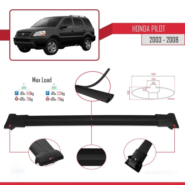 Honda Pilot 2003-2008 Arası ile uyumlu FLY Model Ara Atkı Tavan Barı SİYAH - Resim 3