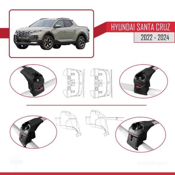 Hyundai Santa Cruz (NX4A OB) 2022 ve Sonrası ile uyumlu ACE-2 Ara Atkı Tavan Barı GRİ - 4