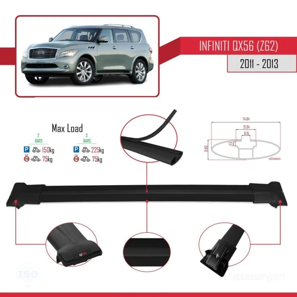 Infiniti QX56 Z62 2011-2013 Arası ile uyumlu FLY Model Ara Atkı Tavan Barı SİYAH - Resim 4