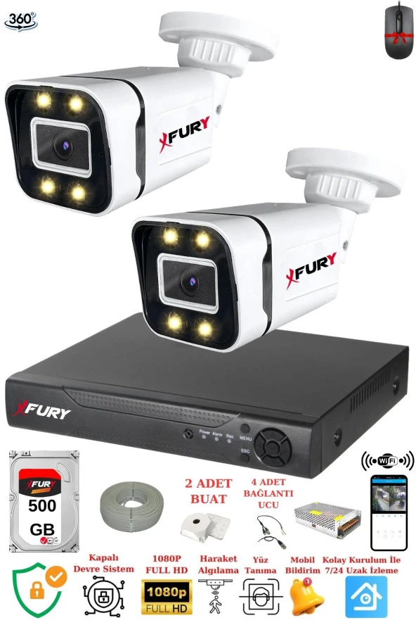 FURY 2 Kameralı Full Hd Gece Renkli - Su Geçirmez Ultra Led Güvenlik Kamerası Seti 500GB