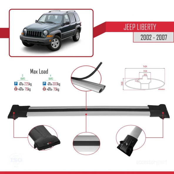 Jeep Liberty 2002-2007 Arası ile Uyumlu FLY Model Ara Atkı Tavan Barı GRİ 3 ADET BAR - Resim 4