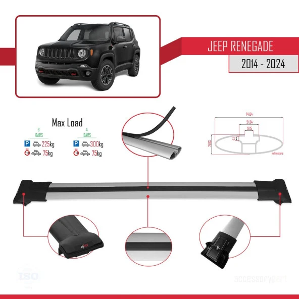 Jeep Renegade 2014 ve Sonrası ile Uyumlu FLY Model Ara Atkı Tavan Barı GRİ 3 ADET BAR - Resim 4