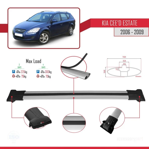 Kia Ceed Estate SW 2006-2009 Arası ile Uyumlu FLY Model Ara Atkı Tavan Barı GRİ 3 ADET BAR - 4
