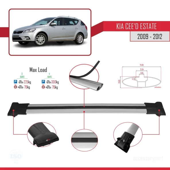 Kia Ceed SPORTSWAGON 2009-2012 Arası ile Uyumlu FLY Model Ara Atkı Tavan Barı GRİ 3 ADET BAR - Resim 4