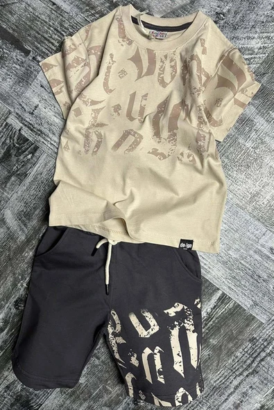 Erkek Çocuk Eskitme Desenli Bej Şortlu Takım - Resim 4