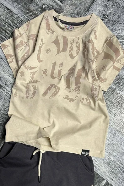 Erkek Çocuk Eskitme Desenli Bej Şortlu Takım - Resim 5