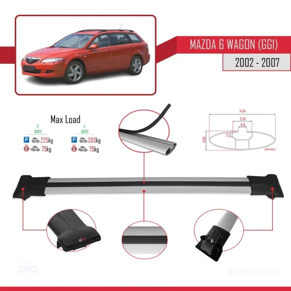 Mazda 6 (GG1) 2002-2007 Arası ile Uyumlu FLY Model Ara Atkı Tavan Barı GRİ 3 ADET BAR - Resim 4