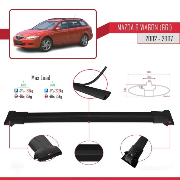 Mazda 6 (GG1) 2002-2007 Arası ile Uyumlu FLY Model Ara Atkı Tavan Barı SİYAH - Resim 4