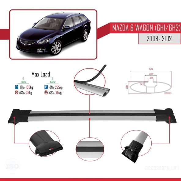 Mazda 6 Wagon (GH1/GH2) 2008-2012 Arası ile Uyumlu FLY Model Ara Atkı Tavan Barı GRİ - Resim 4