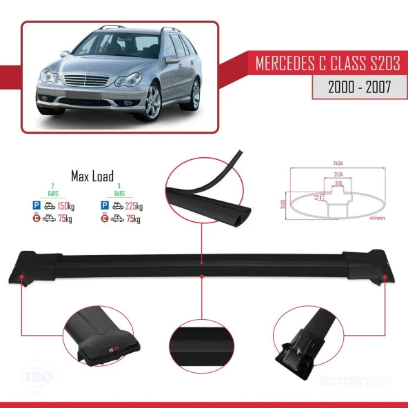 Mercedes C Class (S203) 2000-2007 Arası ile uyumlu FLY Model Ara Atkı Tavan Barı SİYAH - Resim 2