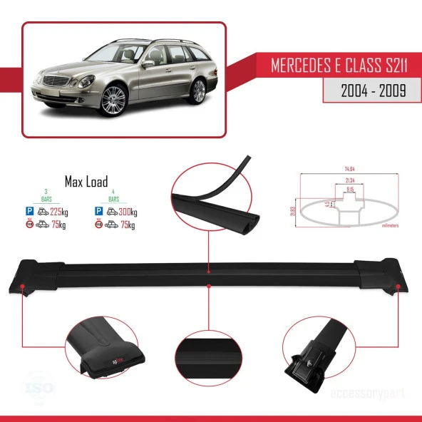 Mercedes E Class S211 2004-2009 Arası ile uyumlu FLY Model Ara Atkı Tavan Barı SİYAH 3 ADET BAR - Resim 3
