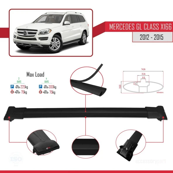 Mercedes GL Class (X166) 2012-2015 Arası ile Uyumlu FLY Model Ara Atkı Tavan Barı SİYAH 3 ADET BAR - Resim 4