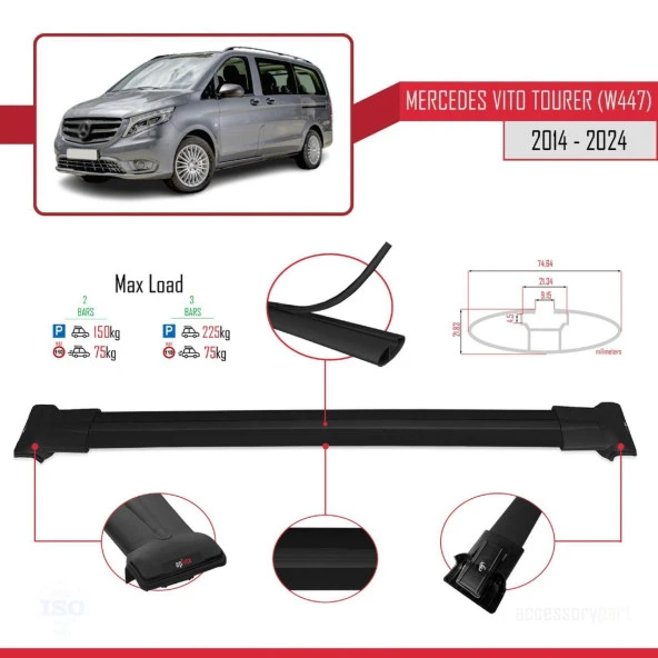 Mercedes Vito Tourer (W447) 2014 ve Sonrası ile Uyumlu FLY Model Ara Atkı Tavan Barı SİYAH - Resim 3