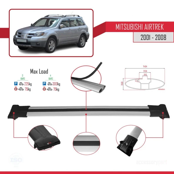 Mitsubishi Airtrek 2001-2008 Arası ile uyumlu FLY Model Ara Atkı Tavan Barı GRİ 3 ADET BAR - Resim 3
