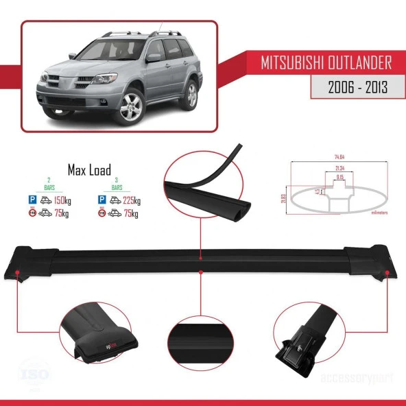 Mitsubishi Outlander 2006-2013 Arası ile Uyumlu FLY Model Ara Atkı Tavan Barı SİYAH - Resim 4