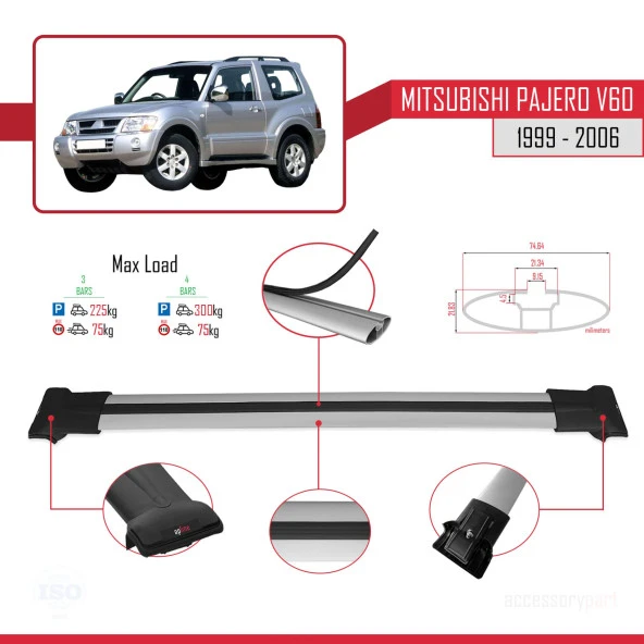 Mitsubishi Pajero (V60) 3 Kapı 1999-2006 Arası ile uyumlu FLY Model Ara Atkı Tavan Barı GRİ 3 ADET