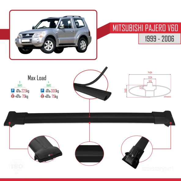 Mitsubishi Pajero (V60) 3 Kapı 1999-2006 Arası ile uyumlu FLY Model Ara Atkı Tavan Barı SİYAH 3 ADET - Resim 2