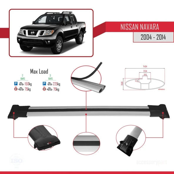Nissan Navara 2004-2014 Arası ile uyumlu FLY Model Ara Atkı Tavan Barı GRİ - Resim 2