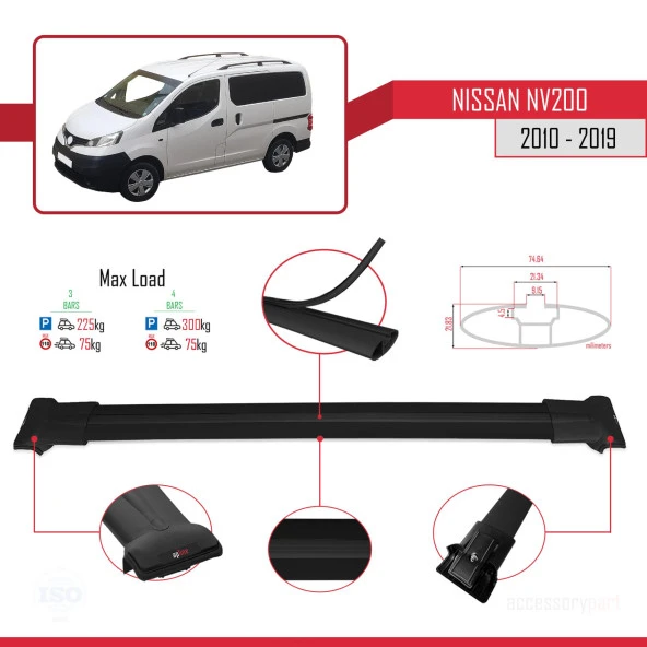 Nissan NV200 2010-2019 Arası ile uyumlu FLY Model Ara Atkı Tavan Barı SİYAH 3 ADET BAR - Resim 4