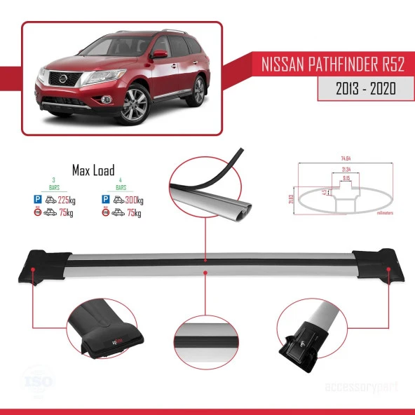 Nissan Pathfinder (R52) 2013-2020 Arası ile Uyumlu FLY Model Ara Atkı Tavan Barı GRİ 3 ADET BAR - Resim 4